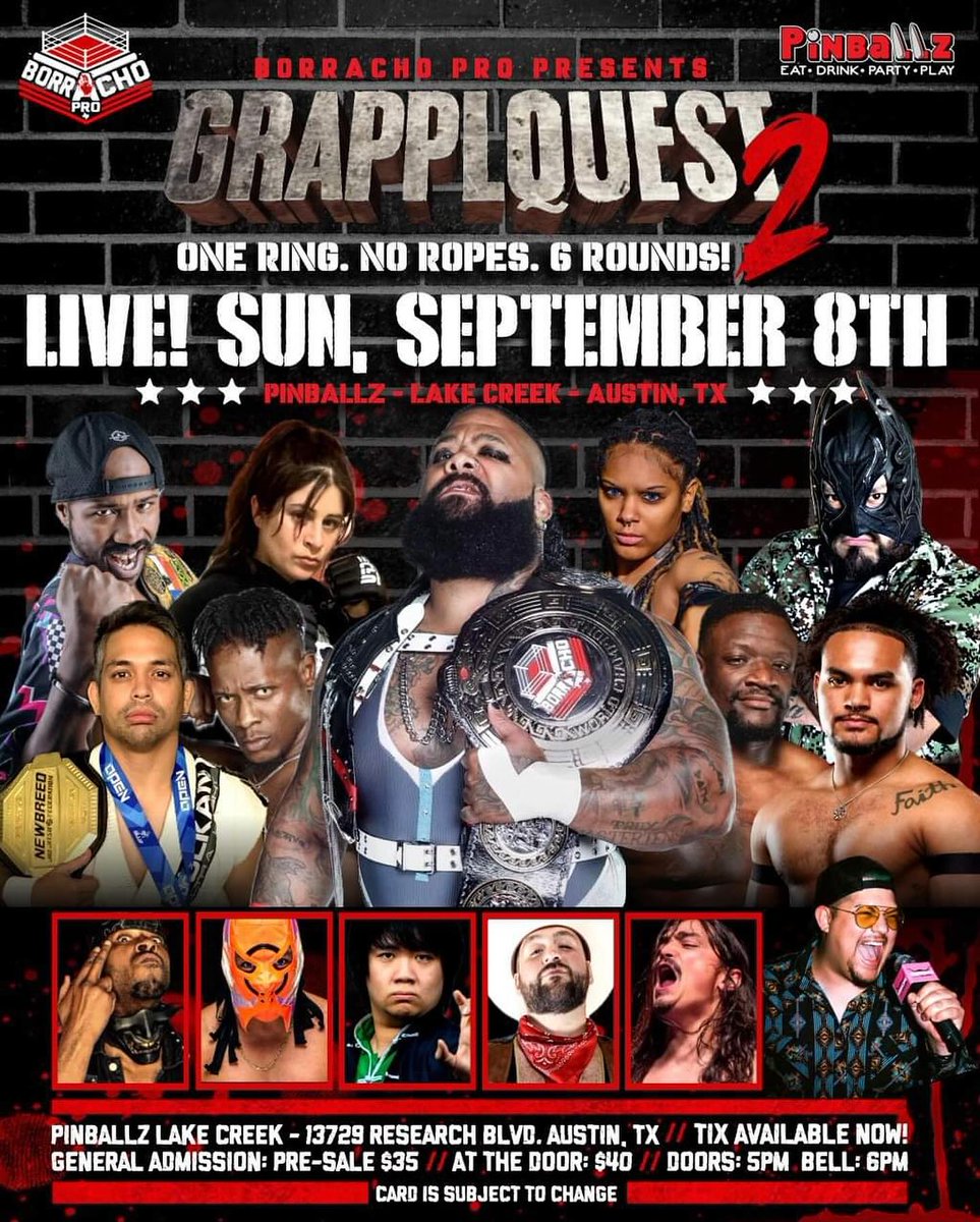Pinballz Austin (@pinballzaustin) on Twitter photo THIS SUNDAY! <a href="/BorrachoProATX/">Borracho Pro</a>'s GRAPPLQUEST 2 is happening at Pinballz Lake Creek!
One ring, No Ropes, 6 Rounds. Matches are randomly drawn the day of the show so anything could happen- don't miss out! THIS SUNDAY! <a href="/BorrachoProATX/">Borracho Pro</a>'s GRAPPLQUEST 2 is happening at Pinballz Lake Creek!
One ring, No Ropes, 6 Rounds. Matches are randomly drawn the day of the show so anything could happen- don't miss out!