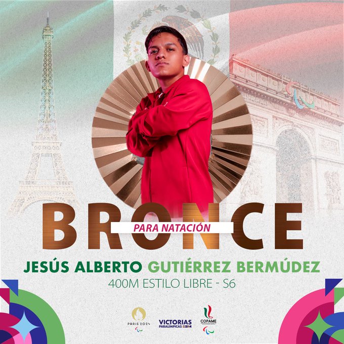 #PARIS2024 // Jesús Gutiérrez 🇲🇽ganó medalla de bronce 🥉 en  los 400m libre S6 en la para natación de #JuegosParalímpicosParís2024 
Su  tiempo fue de 5:07.