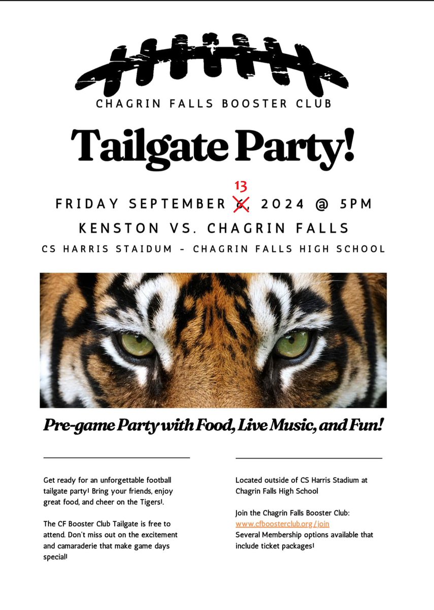 New date for Tailgate Party: Friday, September 13.

#ChagrinFalls
#CFBoosters