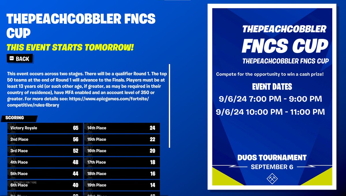 Thypeachcobbler's tweet photo. My Influencer FNCS CUP for NA goes live TODAY @ 8 PM ET!!! 🏆 

To celebrate my cup I’m giving back a little extra to celebrate the event 🙌 

An extra 3 $100 Winners 

📌 To enter:
• Like and Retweet this post ♻️ 

• Play at least 5 matches of my FNCS Cup and post screenshot below

• ANYONE can win regardless of placement 

Good luck 🍑