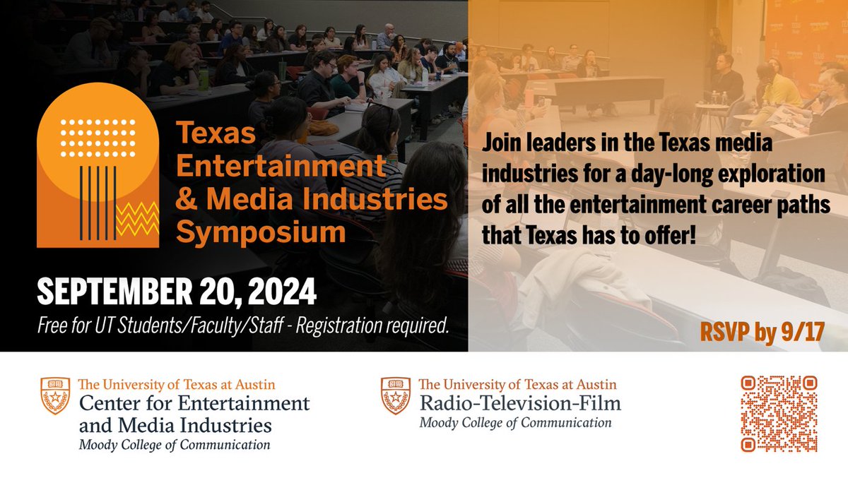 TEXAS Moody (@utexasmoody) on Twitter photo Explore the endless entertainment career paths Texas has to offer! Join <a href="/UTRTF/">UT RTF</a>, <a href="/UTCEMI/">Center for Entertainment & Media Industries</a>, and media industry leaders for a day-long symposium showcasing the breadth of film, TV, music, gaming and digital media opportunities. Make sure to RSVP by Sept. 17! Explore the endless entertainment career paths Texas has to offer! Join <a href="/UTRTF/">UT RTF</a>, <a href="/UTCEMI/">Center for Entertainment & Media Industries</a>, and media industry leaders for a day-long symposium showcasing the breadth of film, TV, music, gaming and digital media opportunities. Make sure to RSVP by Sept. 17!