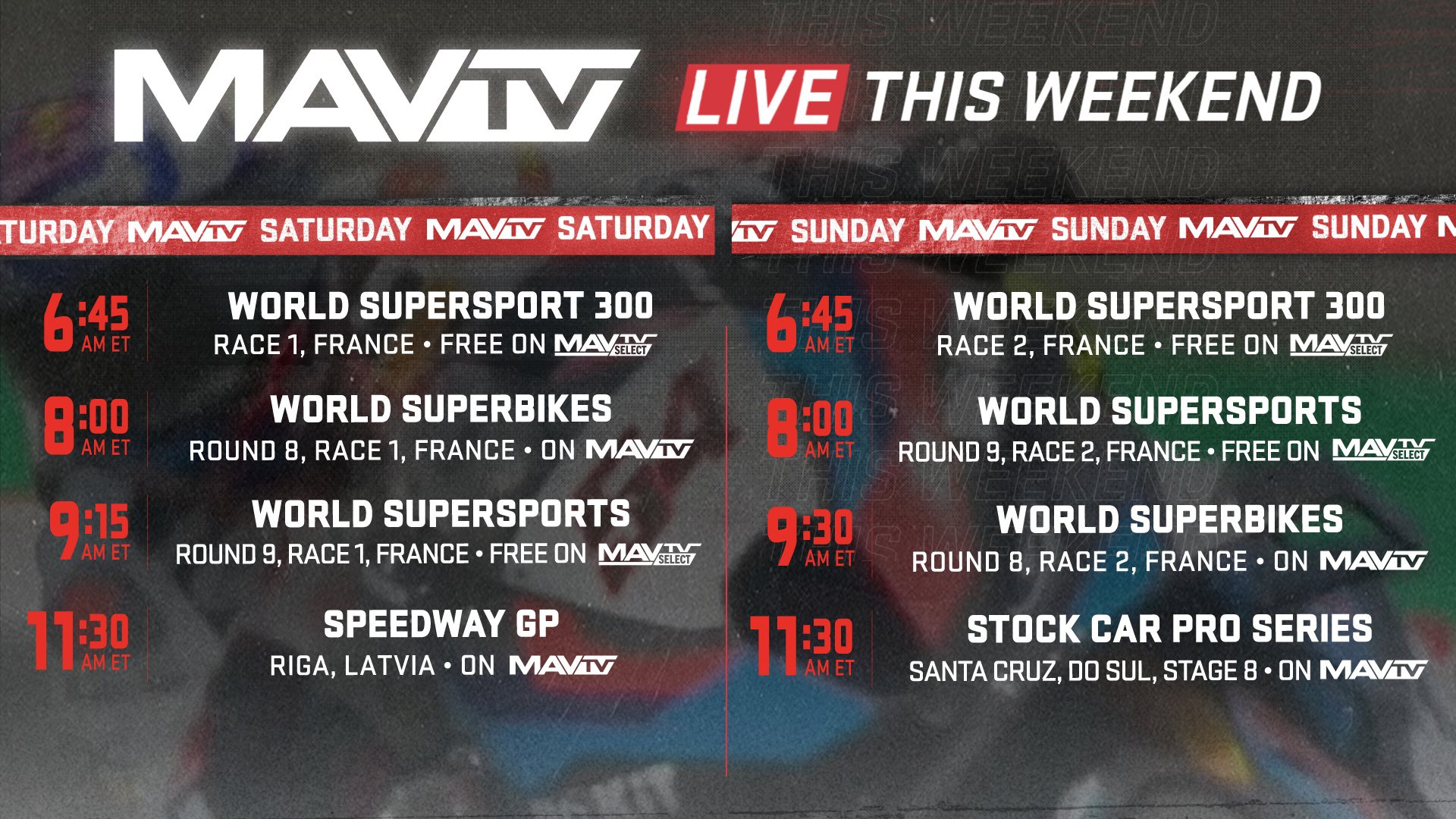 MAVTV on X Mark your calendars for another exciting Live Racing Weekend on MAVTV World Support 300 and World Supersport Races Free on MAVTV Select. WorldSBK SpeedwayGP and stock car are on