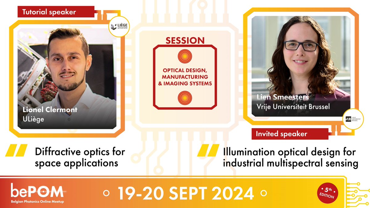 bePOM (@bephotonmeetup) on Twitter photo Topic 3/4: #Optical #design, #manufacturing & #imaging systems In session 3 of #bePOM2024, Lionel Clermont and <a href="/LienSmeesters/">Lien Smeesters</a> will talk about #diffractive and #illumination optics, and their applications in space science and industrial sensing. Register bepom.org/registration Topic 3/4: #Optical #design, #manufacturing & #imaging systems In session 3 of #bePOM2024, Lionel Clermont and <a href="/LienSmeesters/">Lien Smeesters</a> will talk about #diffractive and #illumination optics, and their applications in space science and industrial sensing. Register bepom.org/registration