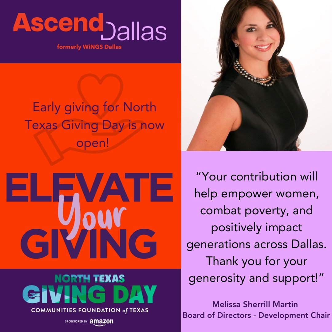 Early giving for North Texas Giving Day is now open! Elevate Your Giving with Ascend Dallas (formerly WiNGS) and make a difference in the lives of women in our community. 

Link to give: bit.ly/4cYyM5t 
#NorthTexasGivingDay #AscendDallas #SupportWomen #ElevateYourGiving