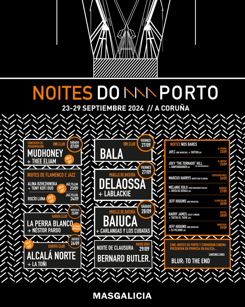 MASGALICIA (@masgalicia) on Twitter photo ๐ธ NOITES DO PORTO ๐ธ
07/09 โข <a href="/mudhoney/">mudhoney</a> + Thee Eliam โข Inn Club /// SOLD OUT!
23/09 โข <a href="/AlinaHarpist/">AlinaHipHarp</a> + <a href="/tonykofi/">Tony Kofi</a> โข Jazz Filloa /// SOLD OUT!
24/09 โข Rocรญo Lunaโข Jazz Filloa /// SOLD OUT!
25/09 โข La Perra Blanco + Nรฉstor Pardo โข <a href="/GarufaClub/">GarufaClub</a> /// รLTIMAS ENTRADAS
โขโขโข ๐ธ NOITES DO PORTO ๐ธ
07/09 โข <a href="/mudhoney/">mudhoney</a> + Thee Eliam โข Inn Club /// SOLD OUT!
23/09 โข <a href="/AlinaHarpist/">AlinaHipHarp</a> + <a href="/tonykofi/">Tony Kofi</a> โข Jazz Filloa /// SOLD OUT!
24/09 โข Rocรญo Lunaโข Jazz Filloa /// SOLD OUT!
25/09 โข La Perra Blanco + Nรฉstor Pardo โข <a href="/GarufaClub/">GarufaClub</a> /// รLTIMAS ENTRADAS
โขโขโข