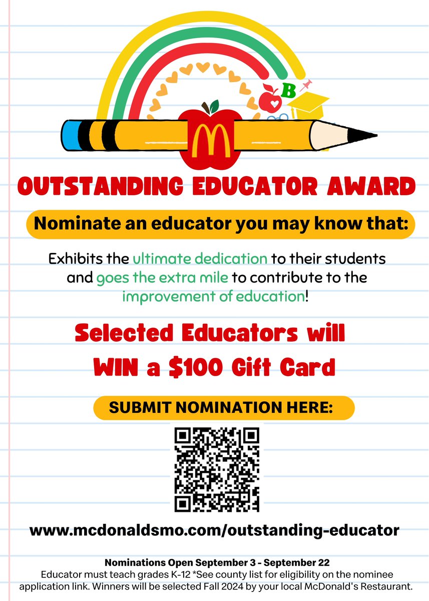 Now through 9/22, local McDonald's restaurants will be accepting nominations for the McDonald's Outstanding Educator Awards. To nominate, simply submit your favorite educator's info through the link below! Selected recipients will receive a $100 gift card
mcdonaldsmo.com/outstanding-ed…