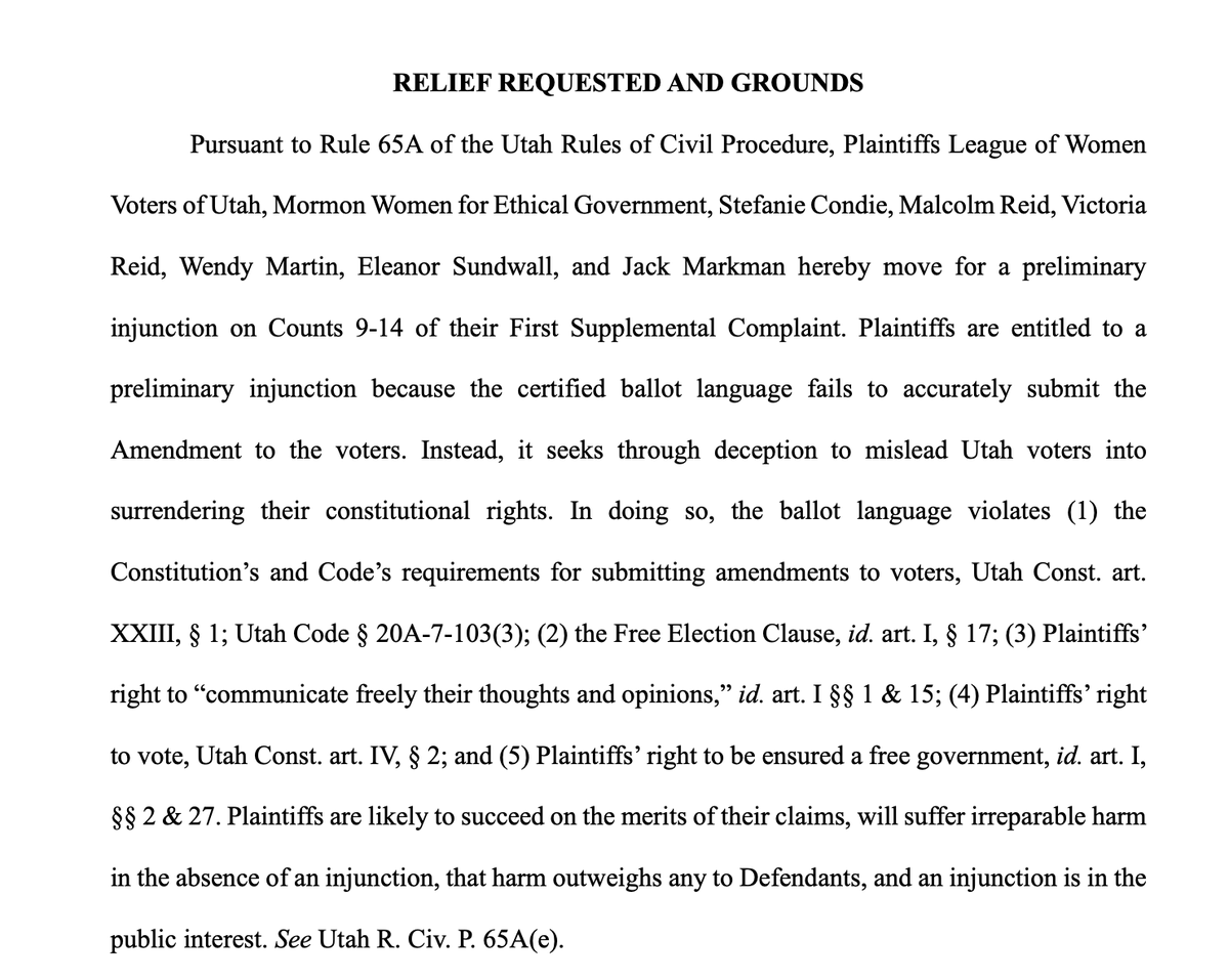 KatieMcKellar1's tweet image. NEW Redistricting plaintiffs have filed a new suit to remove Amendment D from the ballot #utpol

They say its language "fails to accurately submit the
Amendment" to voters. Instead, it seeks through deception to mislead Utah voters into surrendering their constitutional rights"