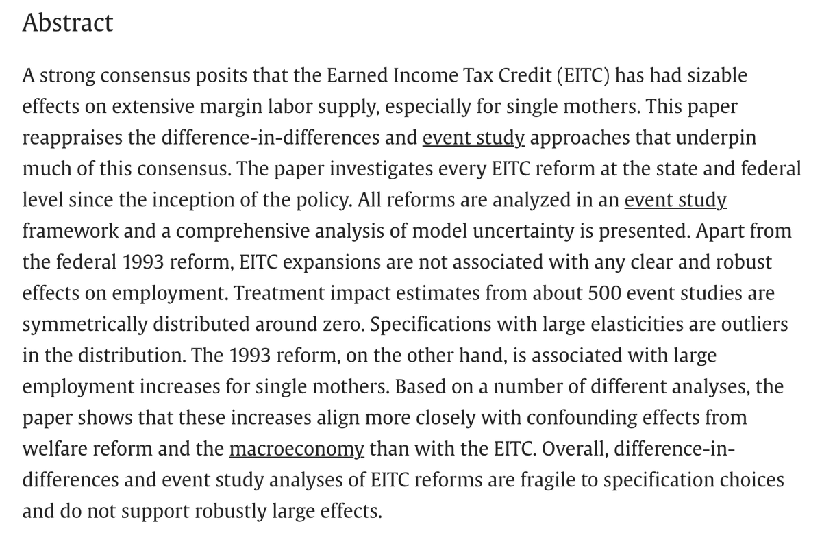 JPubEcon's tweet image. Just published in @JPubEcon:

"The EITC and the extensive margin: A reappraisal"

By Henrik Kleven (@PrincetonEcon)

sciencedirect.com/science/articl…