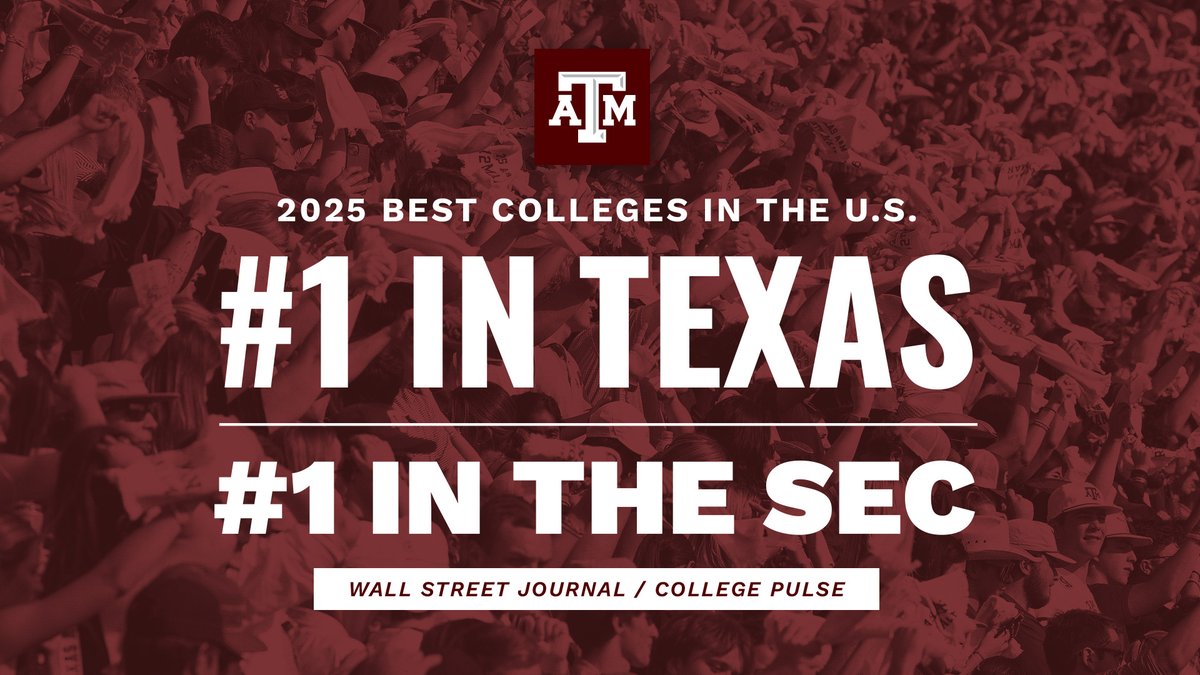 Texas A&M University (@tamu) on Twitter photo First in Texas, Best in Texas!
Texas A&M is the No. 1 university in Texas and the SEC in the latest rankings by the <a href="/WSJ/">The Wall Street Journal</a>! Whoop! 👍
Read more here, Ags: tx.ag/WSJ2025
#TAMU #GigEm #Aggies #Whoop First in Texas, Best in Texas!
Texas A&M is the No. 1 university in Texas and the SEC in the latest rankings by the <a href="/WSJ/">The Wall Street Journal</a>! Whoop! 👍
Read more here, Ags: tx.ag/WSJ2025
#TAMU #GigEm #Aggies #Whoop