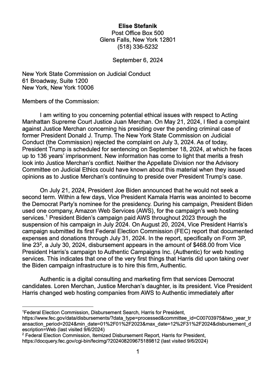 EliseStefanik's tweet image. 🚨🚨🚨 Today I filed a new judicial ethics complaint with the New York State Commission because new evidence on Kamala Harris’ most recent FEC filing shows she hired and paid Acting Justice Juan Merchan’s adult daughter’s company. This is a clear violation of the New York State…