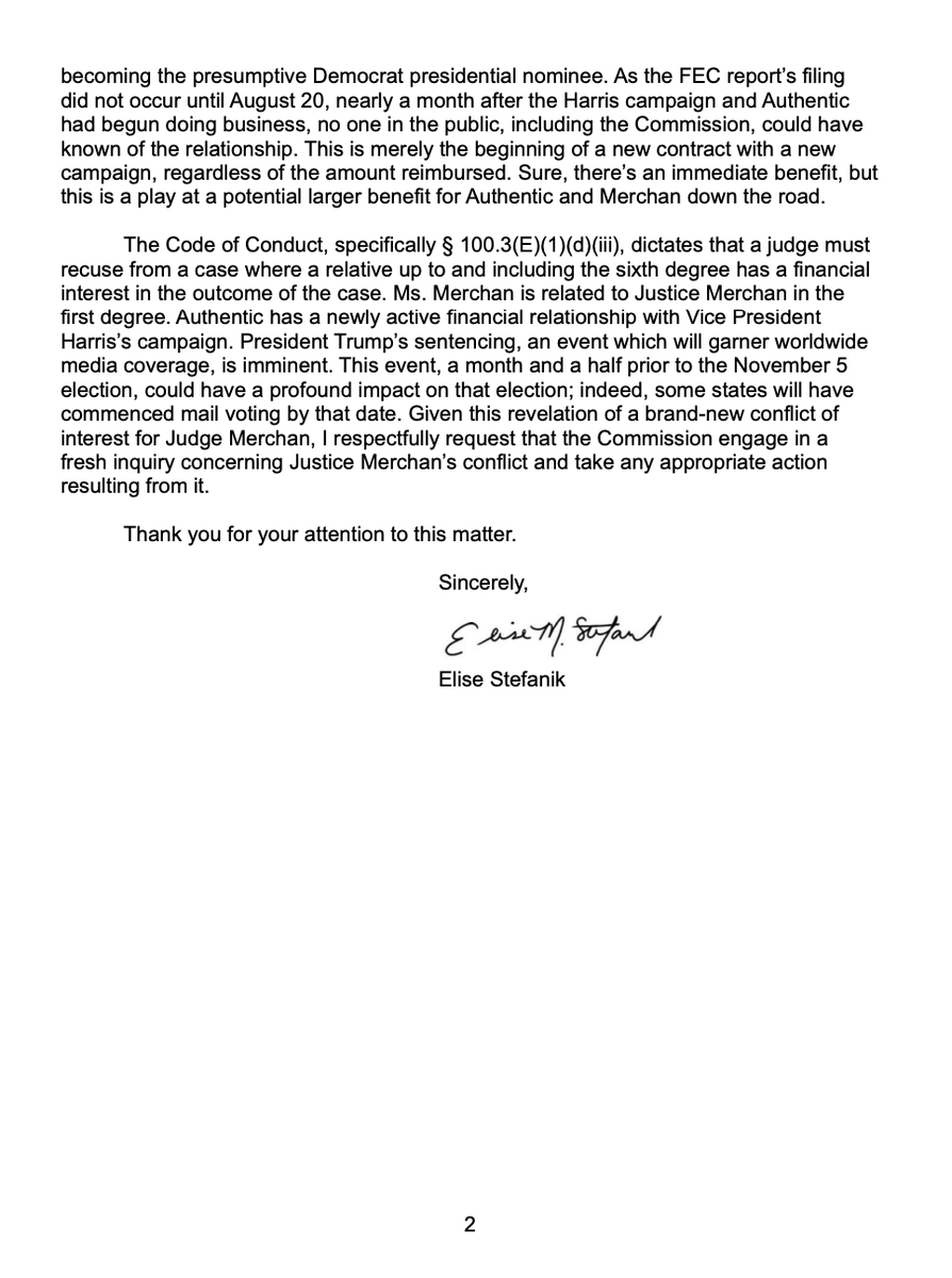 EliseStefanik's tweet image. 🚨🚨🚨 Today I filed a new judicial ethics complaint with the New York State Commission because new evidence on Kamala Harris’ most recent FEC filing shows she hired and paid Acting Justice Juan Merchan’s adult daughter’s company. This is a clear violation of the New York State…
