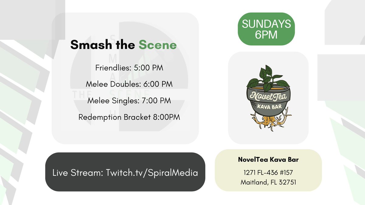 We decided to push back the weekly and hour and half!

Friendlies at 5PM
Dubs at 6PM
Singles at 7PM
Redemption Bracket at 8PM

I hope this time change gets more of you to come on out this Sunday!

Pre Reg Below
start.gg/tournament/sma…