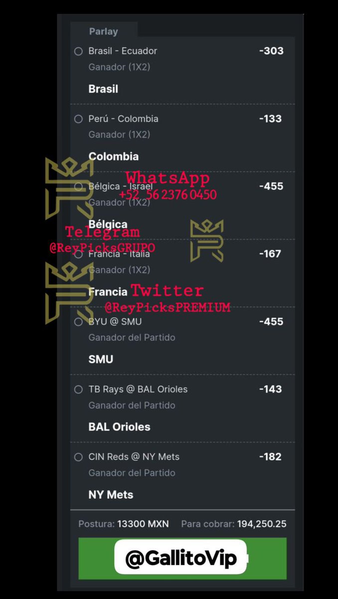 PickCristianRey's tweet photo. PARLAY DE +$194,000 MXN de GALLITOVIP 🐓.

Solo les pido que me apoyen con su like ❤️ para seguir regalando todos estos picks 🫶. https://t.co/Hd5aapYlVb