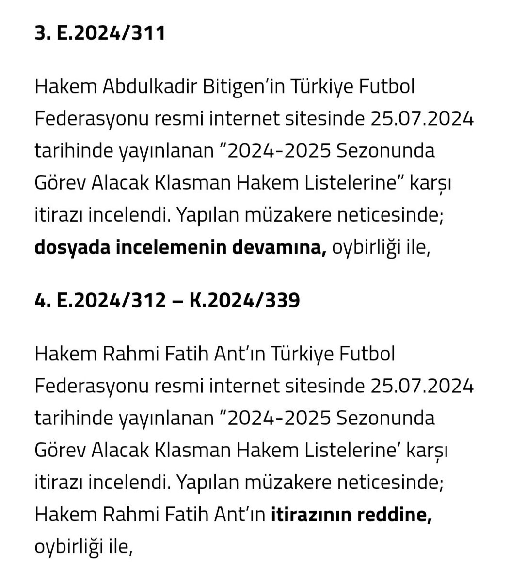 Tahkim Kurulu Hakem Abdülkadir Bitigen'in başvurusunu incelemeye devam ederken, Hakem Rahmi Fatih Ant'ın itirazını ise reddetti
<a href="/TFF_Org/">TFF</a> @TffhgdGenel <a href="/mhk/">Marissa Kiepert</a> <a href="/alifuatduatepe/">Ali Fuat Duatepe</a> <a href="/BnyaminGezer05/">Bünyamin Gezer</a> <a href="/aspor/">A Spor</a> <a href="/ertemsener/">Ertem Şener</a> <a href="/trtspor/">TRT Spor</a> <a href="/metintokat/">Metin TOKAT</a> <a href="/GazeteHakem/">gazete hakem</a>