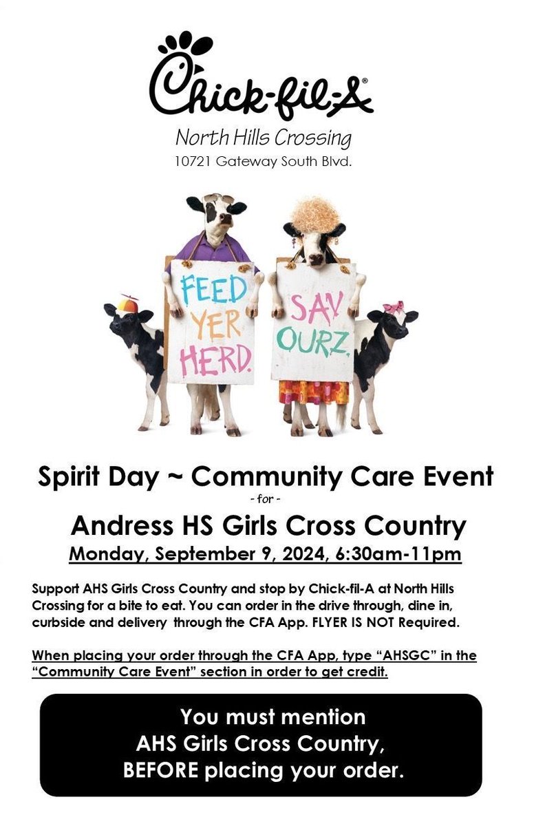 Please, come and enjoy a meal <a href="/ChickFil/">Chick Fil A</a> and support our X country program on Monday Sept 9th 
<a href="/AHSGoldenEagles/">Andress High School</a> <a href="/EagleAndress/">AndressGoldenEagleAthletics</a> <a href="/IbAndress/">Andress High School International Baccalaureate</a> <a href="/EagleFBBooster/">Andress Eagle Football Booster Club</a> <a href="/ElenaMo2016/">Elena Spalloni-Montero</a> <a href="/CrystalBustill3/">Crystal Bustillos</a> <a href="/bobbyjoehillep/">Bobby Joe Hill PK-8 EPISD</a> <a href="/CharlesChargers/">Charles Chargers</a> <a href="/DottyCaldwell10/">Dotty Caldwell-Charles M S Parent Engagement</a> <a href="/ODPHIRuben/">Luis Ruben Alarcon</a> <a href="/CoachTaylor_CT/">Chris Taylor</a> @