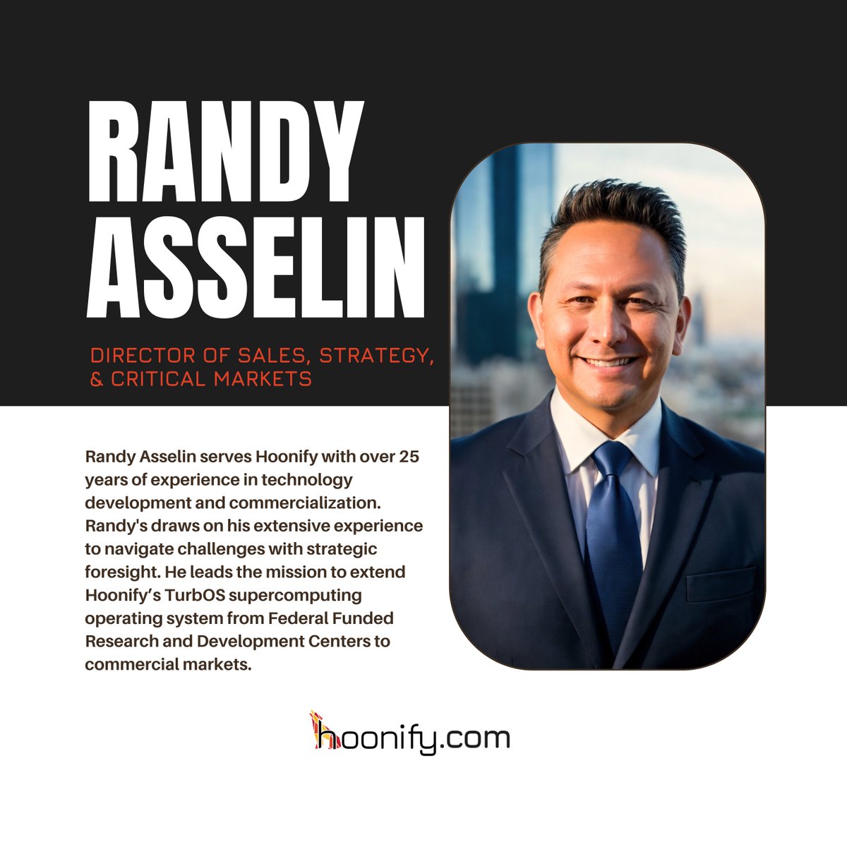 hoonify_tech's tweet image. Today, we have the honor of highlighting Randy Asselin - Hoonify&apos;s Director of Sales, Strategy, and Critical Markets. Randy serves Hoonify with over 25 years of experience in technology development and commercialization. hubs.la/Q02N-_9f0
#HPC #Hoonify #hoonifytech #TurbOS