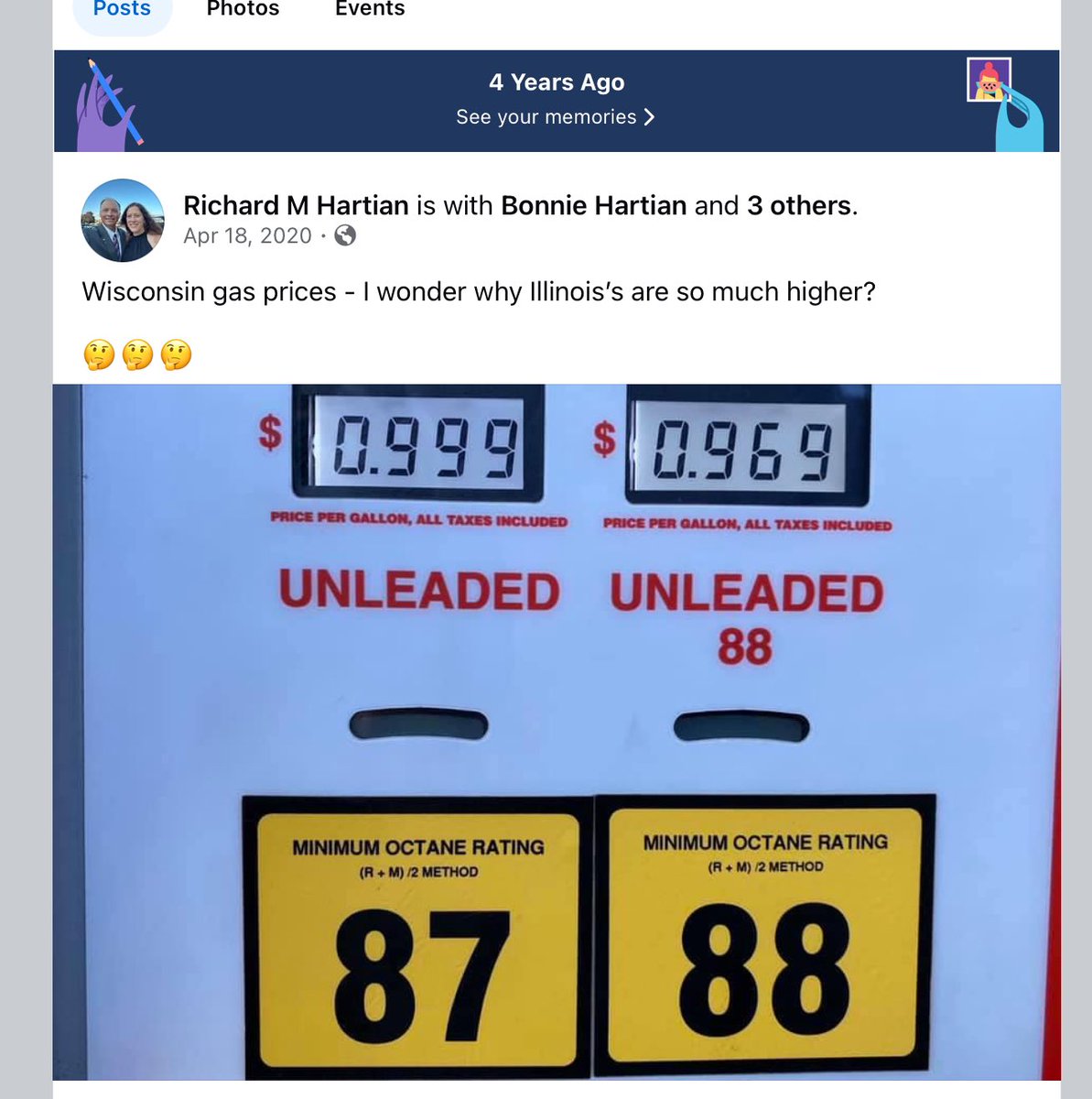 I do like Facebook memories - Posted in April 2020, I posted this because Illinois gasoline prices were .30-.50 cents higher than Wisconsin.
It now reminds me the difference between two ideologies of how to run government.