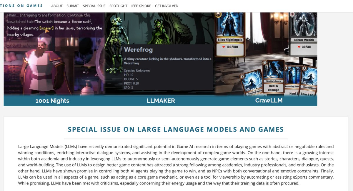 Julian Togelius (@togelius) on Twitter photo Are you working on applying LLMs to games in some way? Well, we have the place you will want to submit your work to, namely our special issues on LLMs and Games in <a href="/IEEETxnOnGames/">IEEE Transactions on Games</a>. Deadline: December 1. Are you working on applying LLMs to games in some way? Well, we have the place you will want to submit your work to, namely our special issues on LLMs and Games in <a href="/IEEETxnOnGames/">IEEE Transactions on Games</a>. Deadline: December 1.