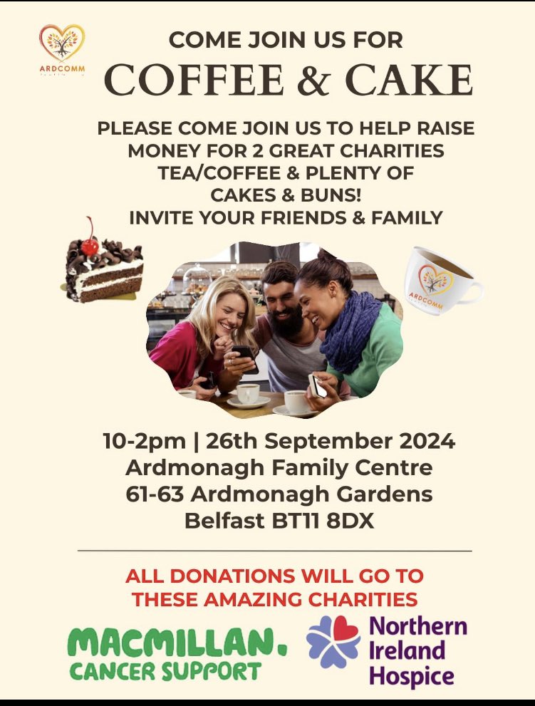 Ardcomm (@ardcomm2024) on Twitter photo All welcome to our Coffee Morning at Ardmonagh Family Centre to raise money for <a href="/macmillancancer/">Macmillan Cancer Support</a> & <a href="/NIHospice/">NI Hospice</a>
#coffeeandchat #coffeemorning All welcome to our Coffee Morning at Ardmonagh Family Centre to raise money for <a href="/macmillancancer/">Macmillan Cancer Support</a> & <a href="/NIHospice/">NI Hospice</a>
#coffeeandchat #coffeemorning