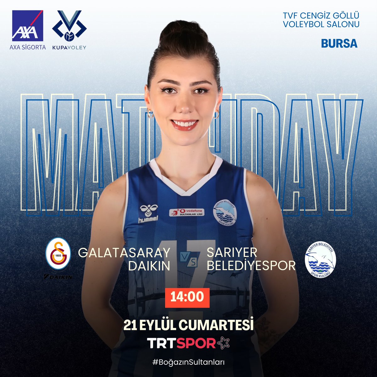 🔥Kadınlar AXA Sigorta Kupa Voley heyecanı başladı!

🏐İlk maçımızda Galatasaray Daikin ile karşı karşıyayız!
📅 21 Eylül Cumartesi
🕑 Saat 14:00
📍 Bursa TVF Cengiz Göllü Voleybol Salonu
📺 TRT Spor Yıldız (Canlı)