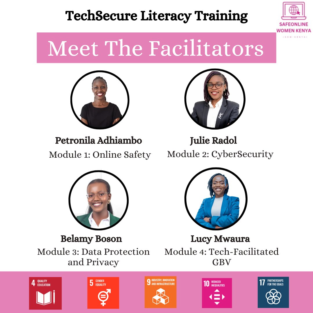 SafeonlineK's tweet image. We are just two weeks away from the launch of the TechSecure Literacy Curriculum and our inaugural training program! 🎉 Meet our facilitators, who will guide you through the program’s key modules. 
#TechSecure
#SafeOnlineWomenKenya
#SDGs