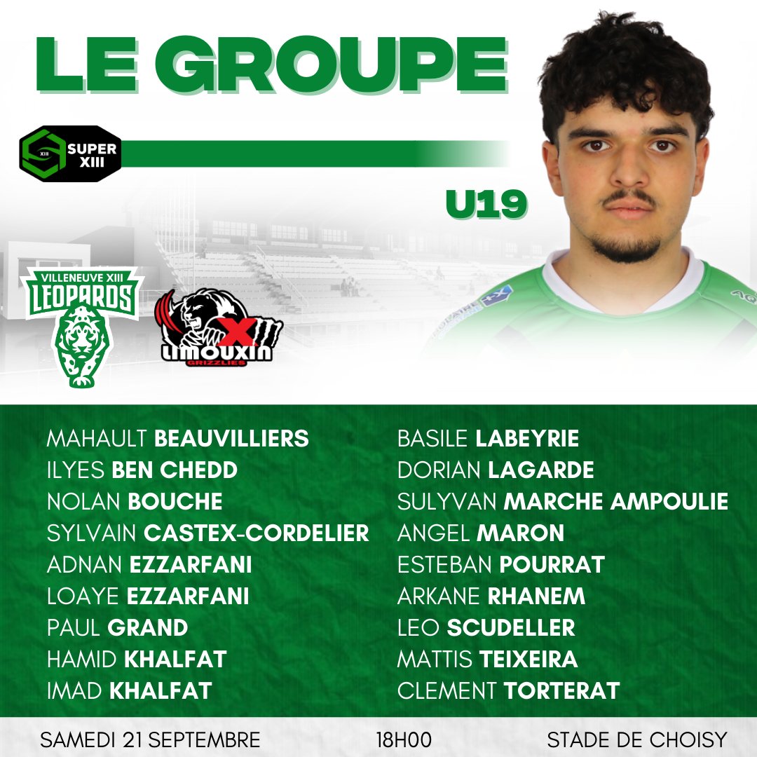 Villeneuve XIII Rugby League (@villeneuvexiii) on Twitter photo ๐๐ ๐๐ฅ๐ข๐จ๐ฃ๐ ๐จ๐ญ๐ต ๐ฃ๐ข๐จ๐ฅ ๐ฅ๐๐๐๐ฉ๐ข๐๐ฅ ๐๐๐ ๐ข๐จ๐ซ ๐
Julien Mourer et Jean-Sebastien Mongay viennent de dรฉvoiler le groupe qui recevra aujourd'hui le XIII Limouxin pour cette premiรจre journรฉe du championnat de France U19 ๐ขโช๏ธ #goleopards ๐๐ ๐๐ฅ๐ข๐จ๐ฃ๐ ๐จ๐ญ๐ต ๐ฃ๐ข๐จ๐ฅ ๐ฅ๐๐๐๐ฉ๐ข๐๐ฅ ๐๐๐ ๐ข๐จ๐ซ ๐
Julien Mourer et Jean-Sebastien Mongay viennent de dรฉvoiler le groupe qui recevra aujourd'hui le XIII Limouxin pour cette premiรจre journรฉe du championnat de France U19 ๐ขโช๏ธ #goleopards