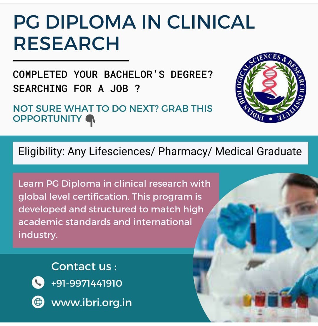 NoidaIbri's tweet image. Completed Your Bachelor&apos;s Degree? Searching for a Job? Grab this opportunity&amp;amp; Learn PG Diploma in Clinical Research.
For any query- Visit: ibri.org.in, Call: +91 9971441910, Email:- info@ibri.org.in
#pvtraining #clinicalresearch
#ibri #pharmaindustry #clinicaljobs