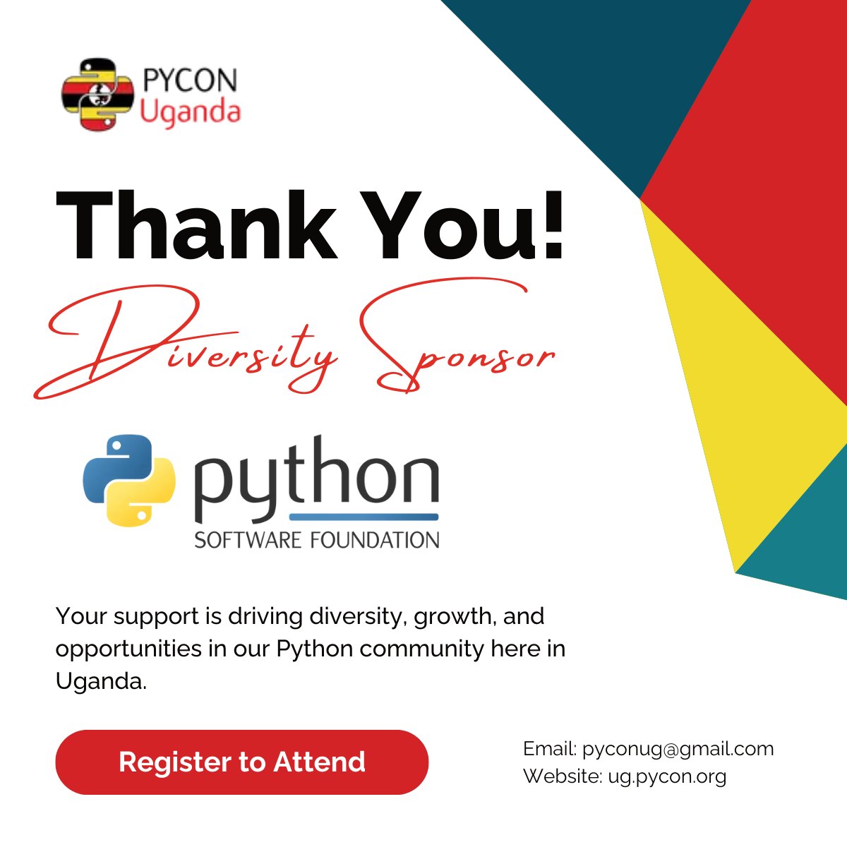 pyconuganda's tweet image. We’re beyond grateful to @ThePSF for funding PyCon Uganda 2024 and for being the Diversity Sponsor of our PyLadies Anniversary! 🎉
We’re excited to celebrate the power of Python and create a more inclusive space for developers from all backgrounds. ✨
Thank you!
#PyConUganda
