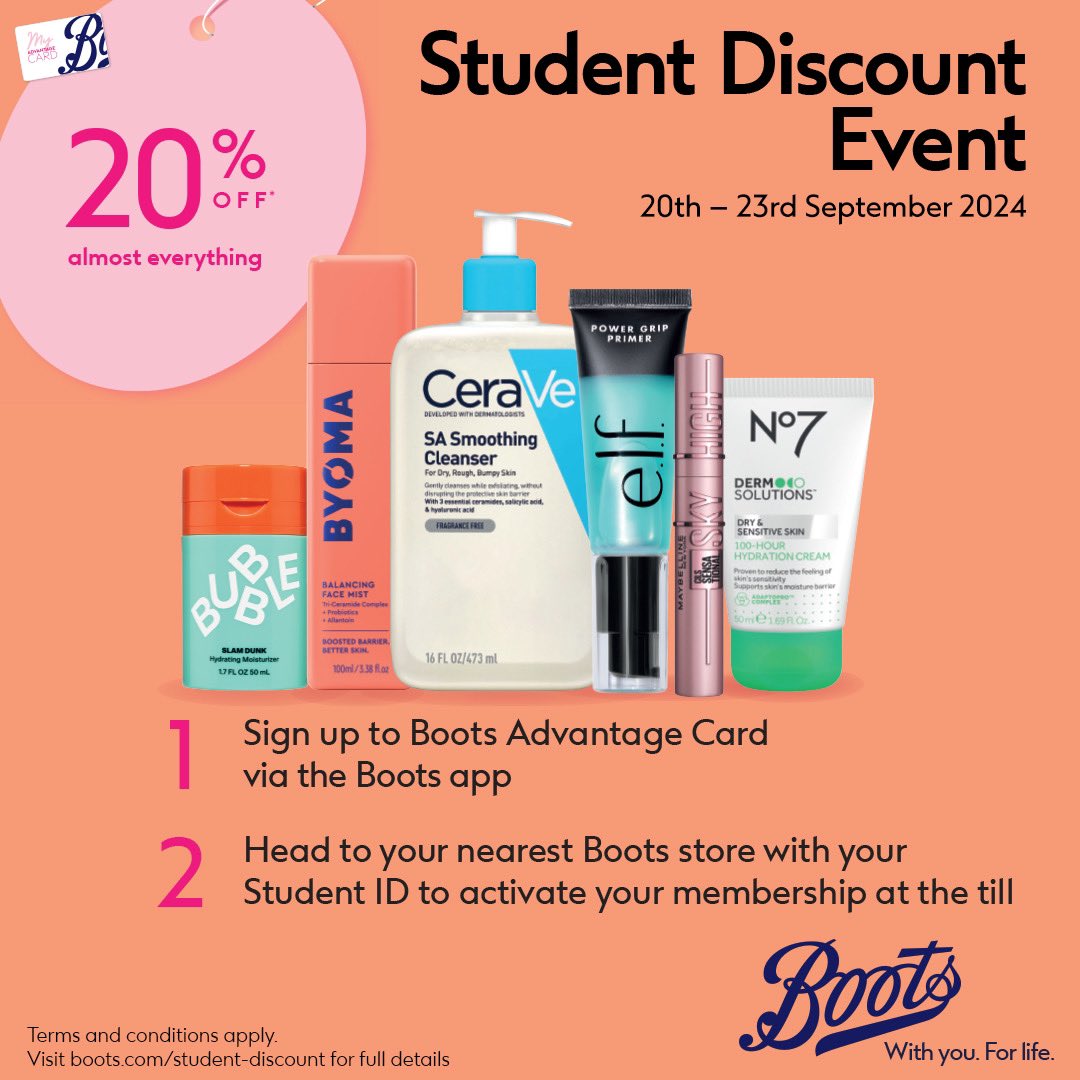 Calling all #students! Save 20% at <a href="/BootsUK/">Boots</a> Oldham this weekend. Don't miss out, this double discount ends 23rd September. Sign up in store now to unlock savings before they’re gone!