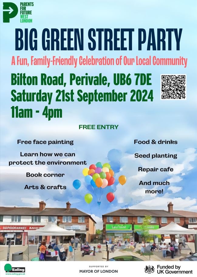 It’s car free day this week end, and Ealing Transition will be taking part in the Parents for Future street party on Bilton Road, Perival UB6 7DE, Saturday 21stSeptember between 11 and 4pm. Come along and join us! ealingtransition.org.uk/2024/09/19/big…