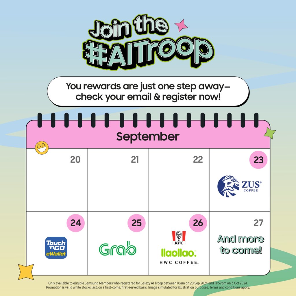 Geng, Samsung baru hantar email! Tajuk dia <Tap in to get Rewards! #AlTroop>, jom cepat join #Al Troop sebelum terlambat! <a href="/SamsungMalaysia/">Samsung Malaysia</a>