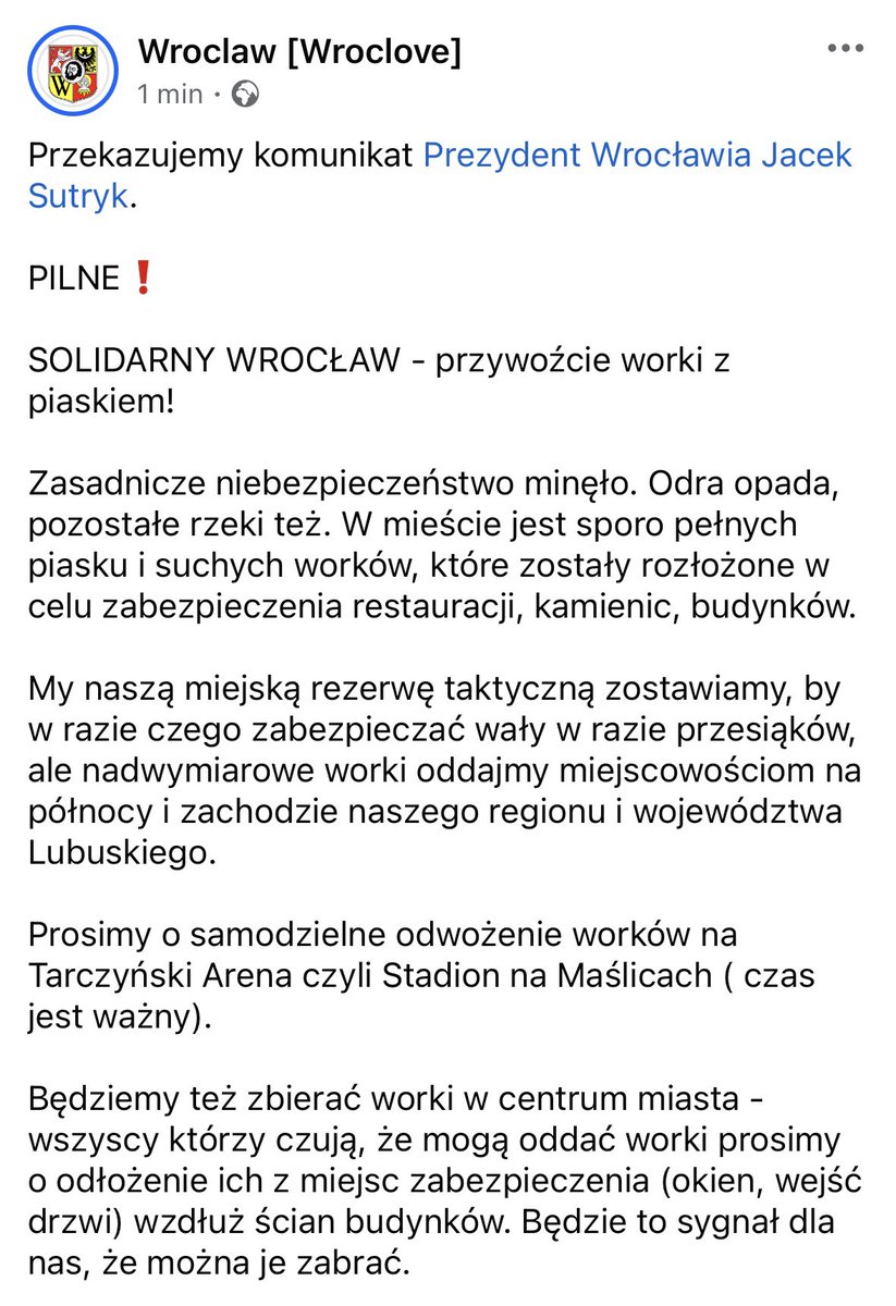 🔴 Przekazujemy komunikat Prezydenta Wrocławia <a href="/SutrykJacek/">Jacek Sutryk</a>.