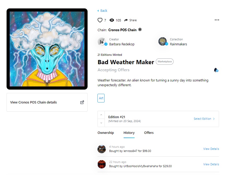 Bad Weather Maker, Edition #21 has been purchased for $99!👽 👀
Congratulations to lenross847 on this purchase! 👽🤗