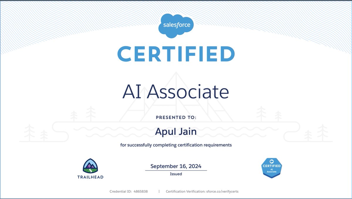 apuljain5's tweet photo. 🌟 New Achievement Unlocked! 🌟
I am thrilled to announce that I’ve earned my Salesforce AI Associate Certification.
Grateful for this step in my journey, and ready to explore the limitless possibilities ahead! 🚀
#SalesforceAI #LearningJourney #SalesforceCertified https://t.co/6LY0U8jBeH
