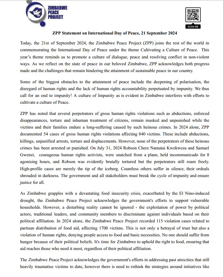 zppINFO's tweet image. Today, 21 September, we join the world in celebrating the global Day of Peace. We can build peace if we reduce polarization, promote human rights &amp;amp; #EndRepression &amp;amp; impunity.  In our statement, we recommit to cultivating a culture of Peace. Happy International Day of Peace 🕊️✌️