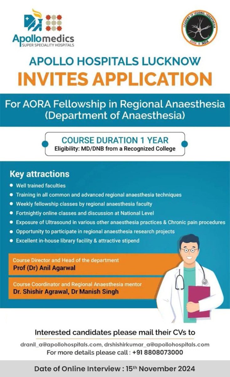 We are inviting applications for new AORA fellowship batch which is starting from 1st January 2025. In our hospital we plan regional anaesthesia to manage pain for every surgery so you will be exposed to a lot of RA techniques with hands on practice under senior mentors.