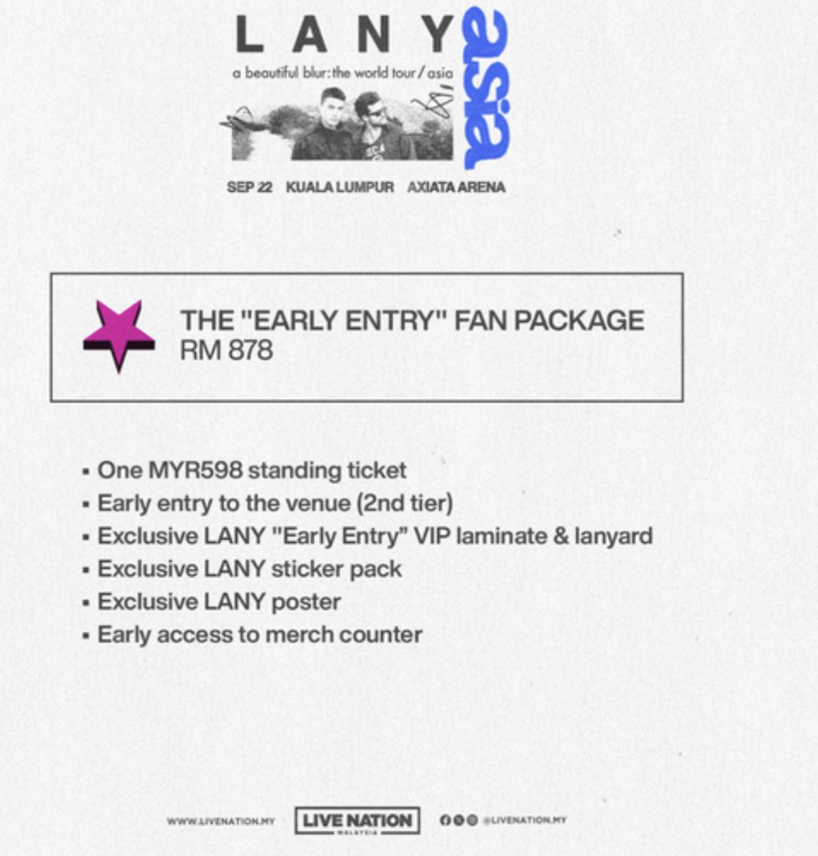 ErinSleepyhead's tweet photo. 🚨URGENT Want To Sell Lany Concert Ticket Malaysia 22 Sept 2024🚨

- The “ Early Entry “ Fan Package RM878 
- Price : RM600 
- 1 Ticket Only
- Friend cannot make it tomorrow

PM IF INTERESTED 🙏🏼

#LANY
#LANYMalaysia
#LANYConcert
#LANYliveinKL https://t.co/KSro1EgZsg