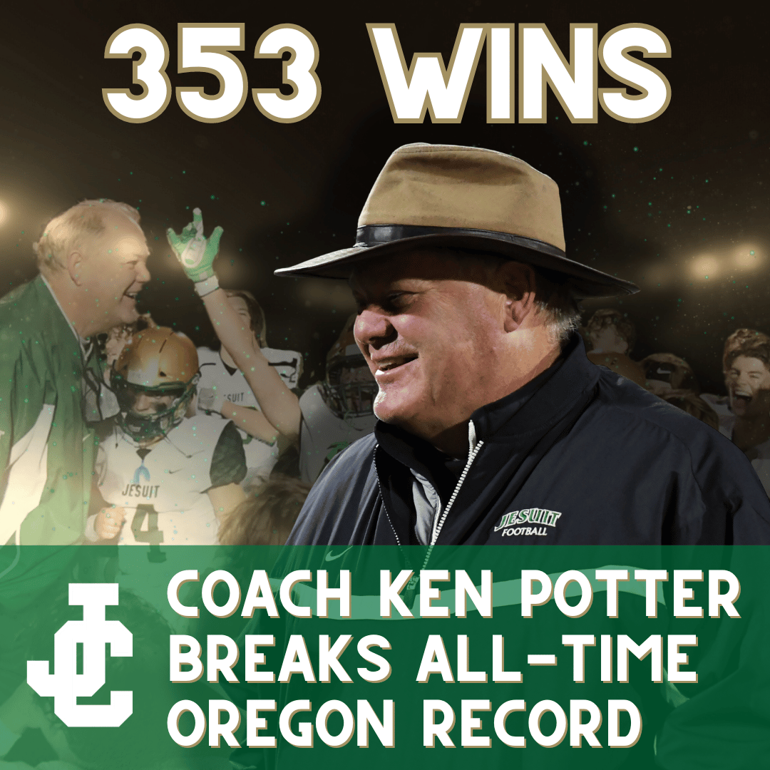 JesuitHighPDX's tweet photo. Ken Potter is now the all-time winningest high school football coach in Oregon! Our football team’s victory tonight marked Coach Potter’s 353rd career win. One of only four coaches in Oregon history to surpass 300 wins, Coach Potter has led the JHS football team for 37 years. https://t.co/xZLLGhmCWk