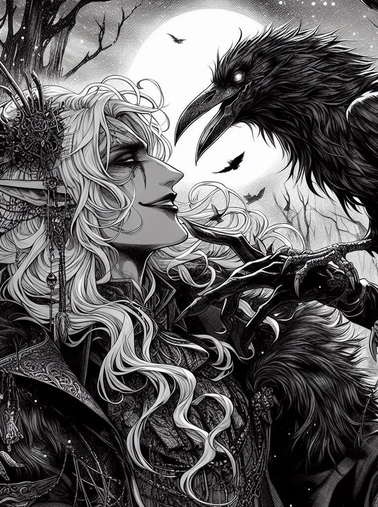 Nyxen is being won over by the Raven Queen and The Queen of Air and Darkness. This was fated long ago by ancestral curse. #drow #elf #vampire #Underdark #ai #aiart #dnd #shadowfell #fey