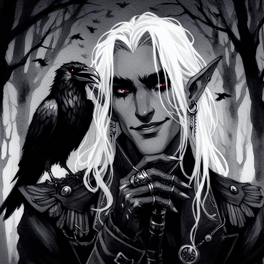 Nyxen is being won over by the Raven Queen and The Queen of Air and Darkness. This was fated long ago by ancestral curse. #drow #elf #vampire #Underdark #ai #aiart #dnd #shadowfell #fey
