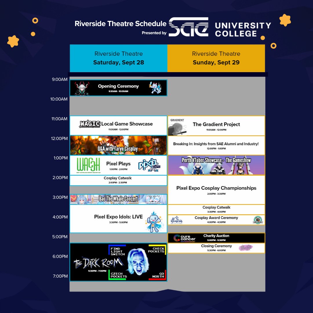 Check out the full Pixel Expo weekend schedule for the Riverside Theatre: Presented by SAE University College! 
 
To see this schedule and all the other content you can expect to see from us this year, head to our website.

pixelexpo.org.au/whats-on

SEE YOU IN 7 DAYS!!