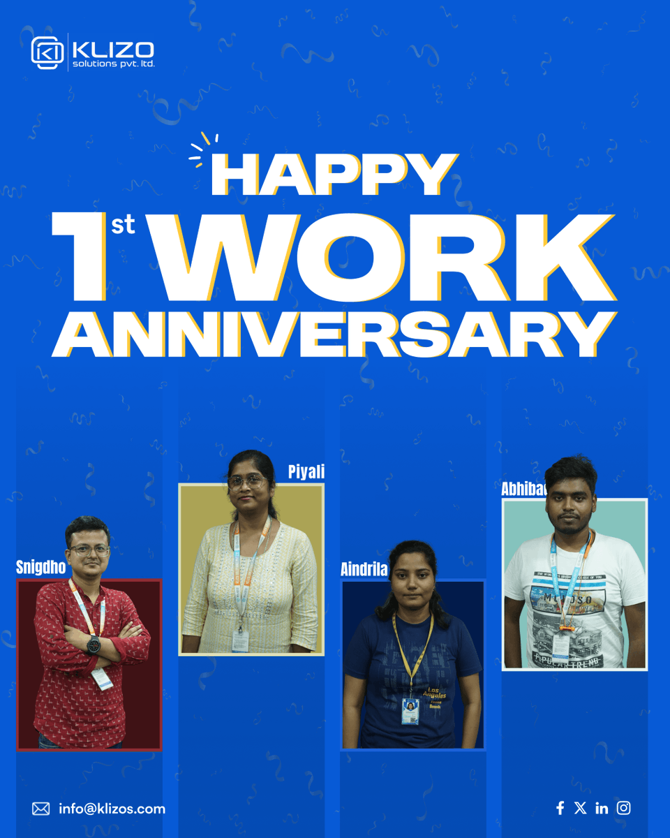 Klizo Solutions is celebrating the fantastic four who have rocked their first year with us!🚀

𝐀𝐛𝐡𝐢𝐛𝐚𝐝𝐚𝐧 has been weaving backend brilliance like a coding magician, while 𝐀𝐢𝐧𝐝𝐫𝐢𝐥𝐚'𝐬 been adding her sparkle to every line of code she touches!🧑‍💻

𝐏𝐢𝐲𝐚𝐥𝐢 has