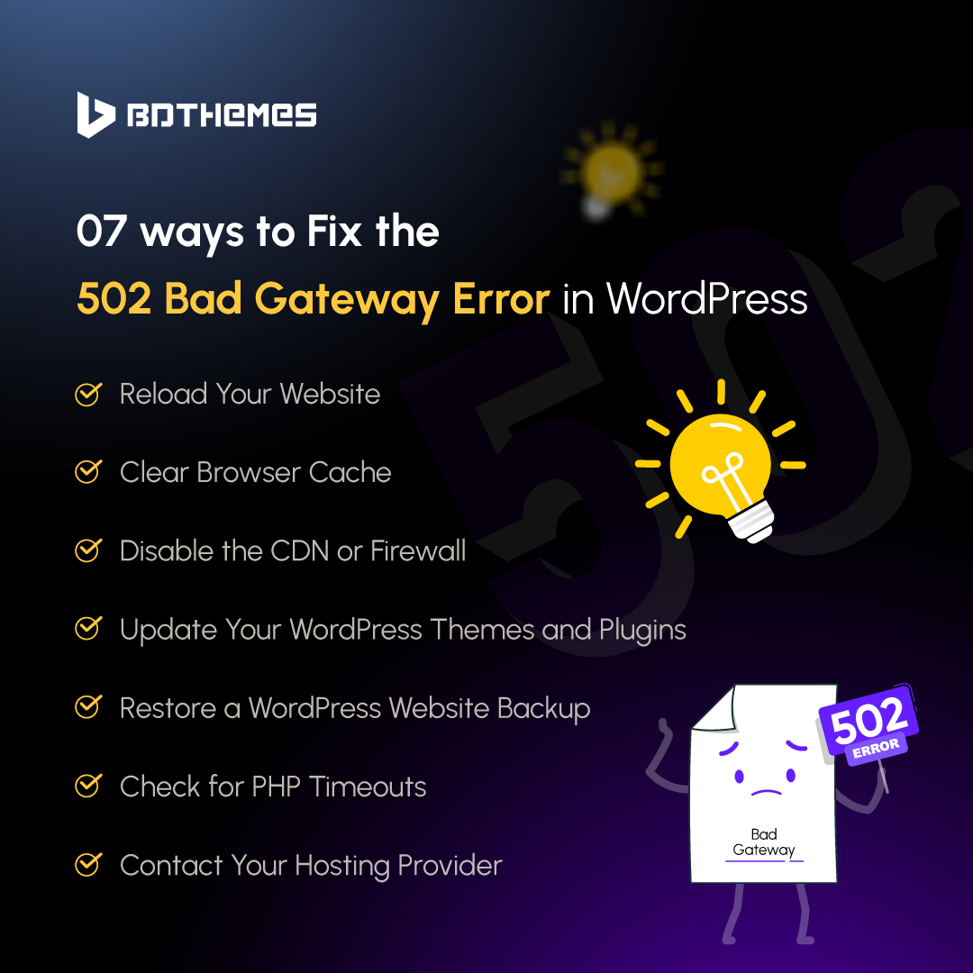 bdthemescom's tweet image. 🚫 Stop 502 errors from disrupting your website&apos;s performance.

#WordPress #Troubleshooting #502Error #WebDevelopment