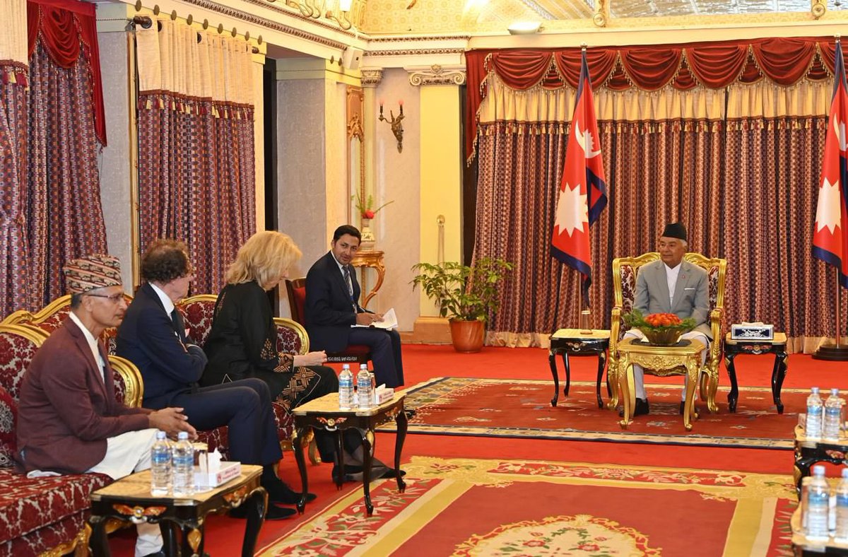 NLinIndia's tweet photo. Ambassador @marisagerards presented her credentials to the Right Honorable President Ramchandra Paudel, Nepal. In this special moment she was accompanied by her spouse Mr Peter Knoope  and the NL Honorary Consul in Nepal Mr Deepak Sapkota. 

Strengthening of ties &amp;🤝between🇳🇱 &amp;🇳🇵 https://t.co/jubZQjTiql