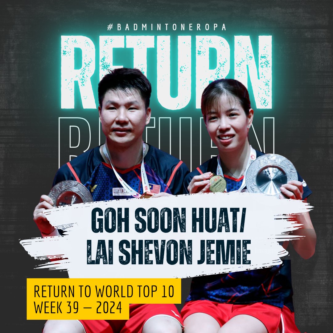🔜 🌎🔝🔟

Goh Soon Huat and Lai Shevon Jamie will return to World Top 10 after showcasing a great performance that mark their return to final of Super 1000 event! Congrats 🥳🥳

#BWFRankingWatch 
#BadmintonEropa