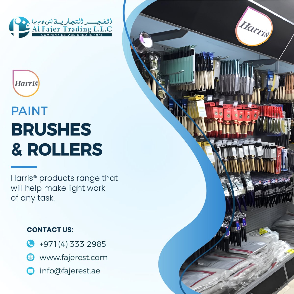 alFajerTrading's tweet image. Harris Brushes and Rollers are the professionals' top choice for paint brushes in the UAE!

Choose Harris for your next project!

•
Get in touch with us at info@fajerest.ae to learn more.
Call now at +971 4 333 2985
•
#HarrisBrushes #PaintLikeAPro #UAE #ProfessionalTools