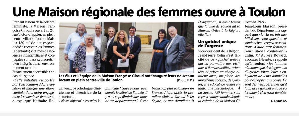 Balazuc (@balazuc2) on Twitter photo La maison régionale des femmes françoise Giroud a ouvert à Toulon . 👏👏👍
Merci aux partenaires pour ce nouveau lieu à destination des femmes et enfants victimes de violences conjugales et intra-familiales.
La #maisonGiroud est portée par Afl Transition Nathalie-Rocailleux. La maison régionale des femmes françoise Giroud a ouvert à Toulon . 👏👏👍
Merci aux partenaires pour ce nouveau lieu à destination des femmes et enfants victimes de violences conjugales et intra-familiales.
La #maisonGiroud est portée par Afl Transition Nathalie-Rocailleux.