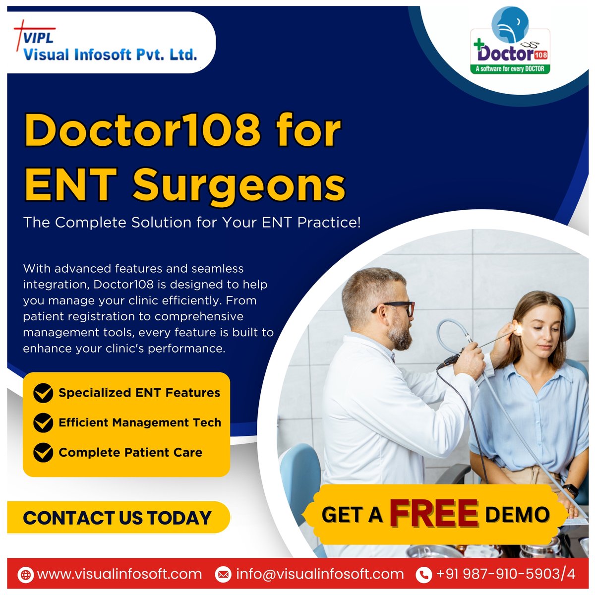 visual_infosoft's tweet image. ENT Surgeons, streamline your practice with Doctor108! From patient registration to advanced management tools, manage your clinic with ease.

🚀 Get a FREE demo today!

📞 +91 987-910-5903/4
🌐 visualinfosoft.com

#ENTSoftware #ClinicManagement #Doctor108 #HealthcareTech