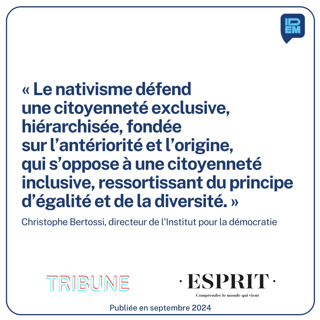 Idem — L'Institut pour la démocratie (@i_democratie) on Twitter photo Nativisme, le grand fossé français — Tribune de @cbertossi dans la <a href="/RevueEsprit/">Revue Esprit</a>
Dans une analyse approfondie des tensions qui déchirent la politique française contemporaine, Christophe Bertossi expose la nature complexe d'une fracture idéologique inédite qui trouve sa source Nativisme, le grand fossé français — Tribune de @cbertossi dans la <a href="/RevueEsprit/">Revue Esprit</a>
Dans une analyse approfondie des tensions qui déchirent la politique française contemporaine, Christophe Bertossi expose la nature complexe d'une fracture idéologique inédite qui trouve sa source
