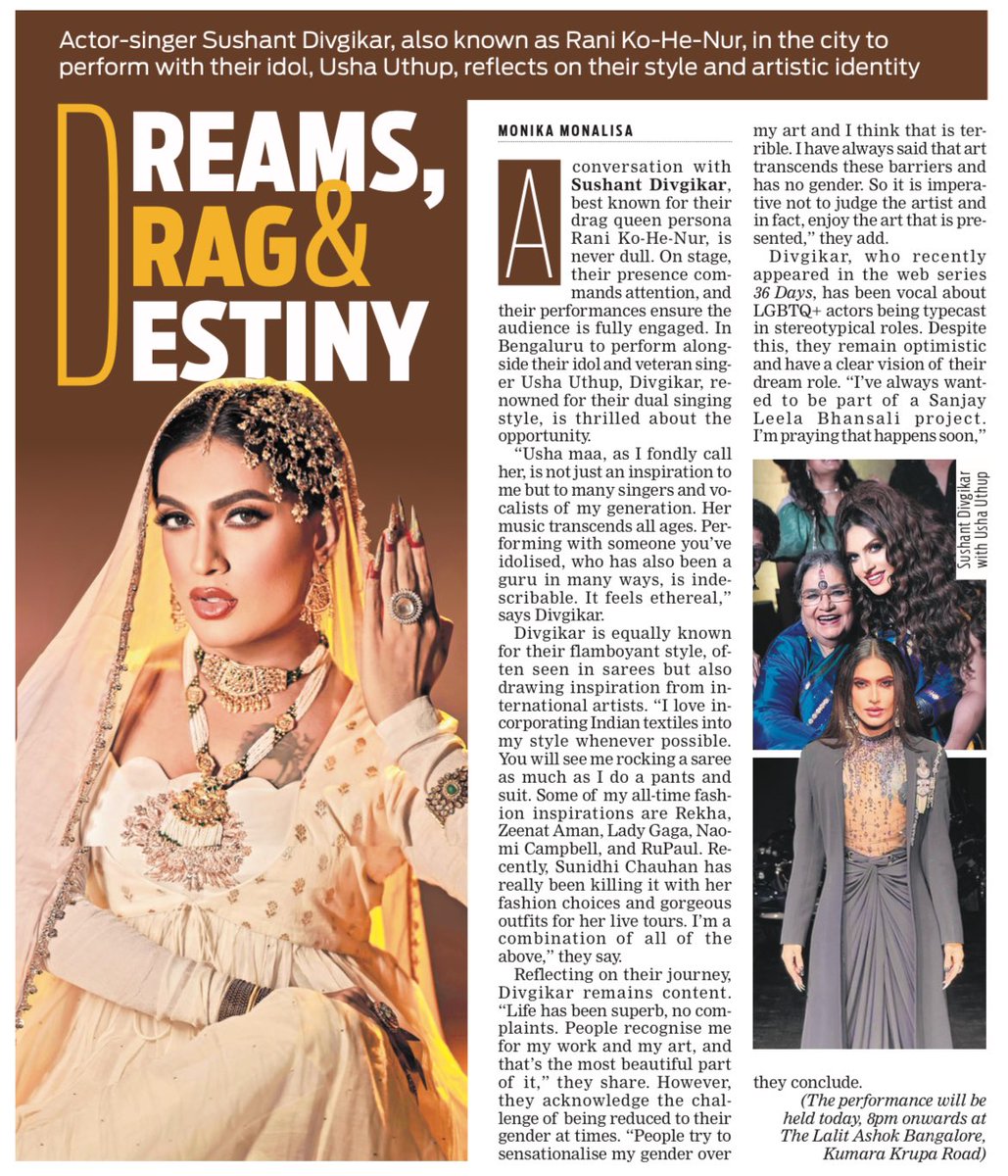 Actor-singer <a href="/SushantDivgikr/">Sushant Divgikr /RANI Ko-HE-Nur & NJ</a> , also known as Rani Ko-He-Nur, in the city to perform with their idol, Usha Uthup, reflects on their style and artistic identity
✍🏼 <a href="/monikkamon/">Monika Monalisa</a> 
<a href="/santwana99/">santwanabhattacharya</a> <a href="/Cloudnirad/">Nirad Mudur</a> <a href="/tniefeatures/">TNIE Features</a> 
newindianexpress.com/cities/bengalu…